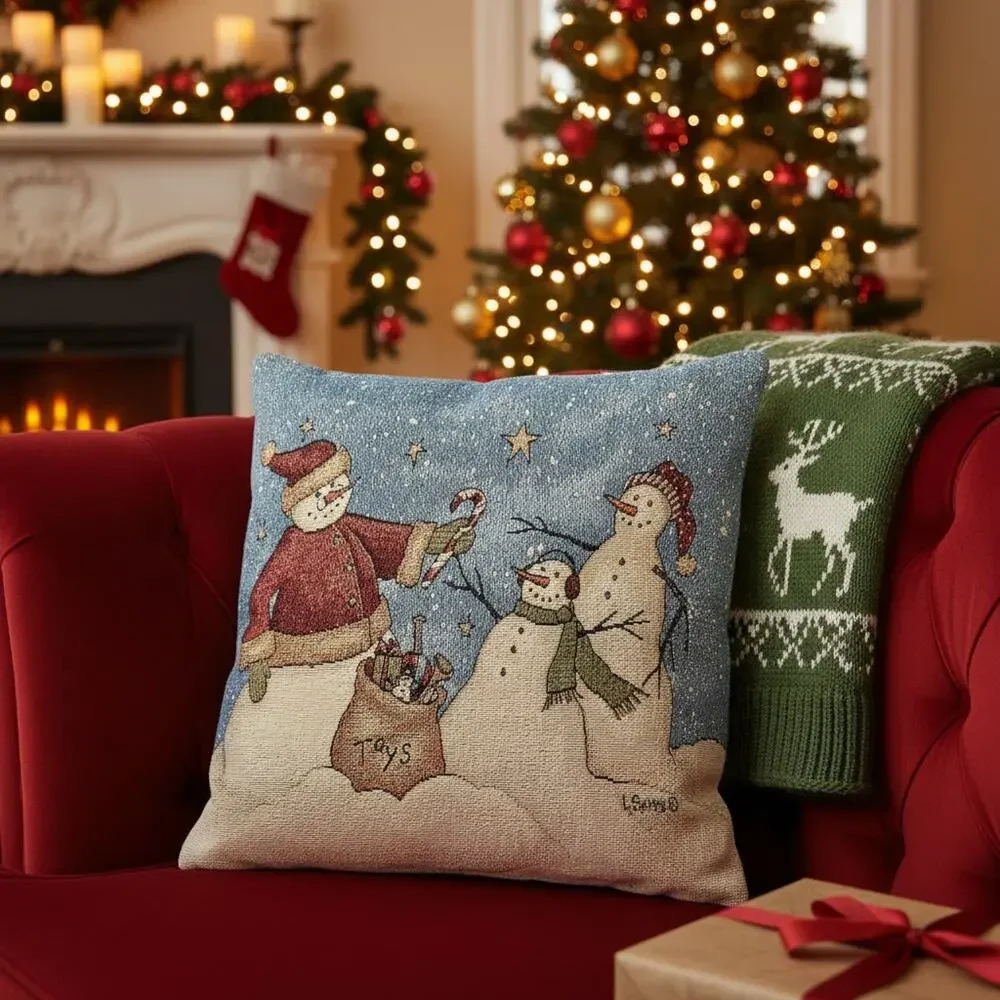 Vintage Snowman Tapestry Pillow-Christmas Folk Art-Holiday Decor-Winter-Seasonal